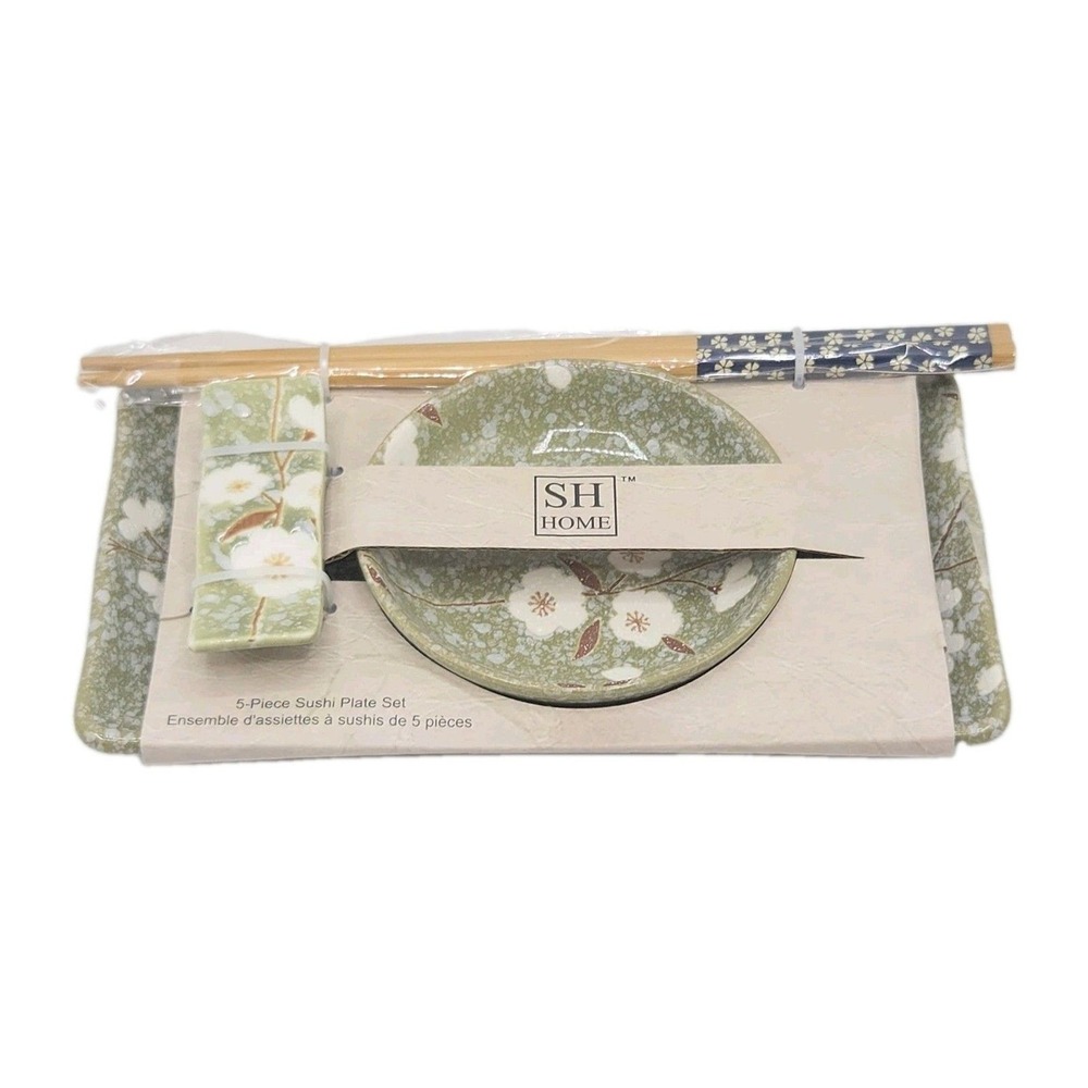 SH Home 5pc Green Cherry Blossom Sushi Plate Set 11x6 Ceramic Sakura Design